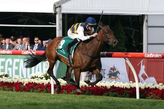 Aloisia (NZ) is victorious in the Group 2 Drummond Golf Vase at Moonee Valley. 